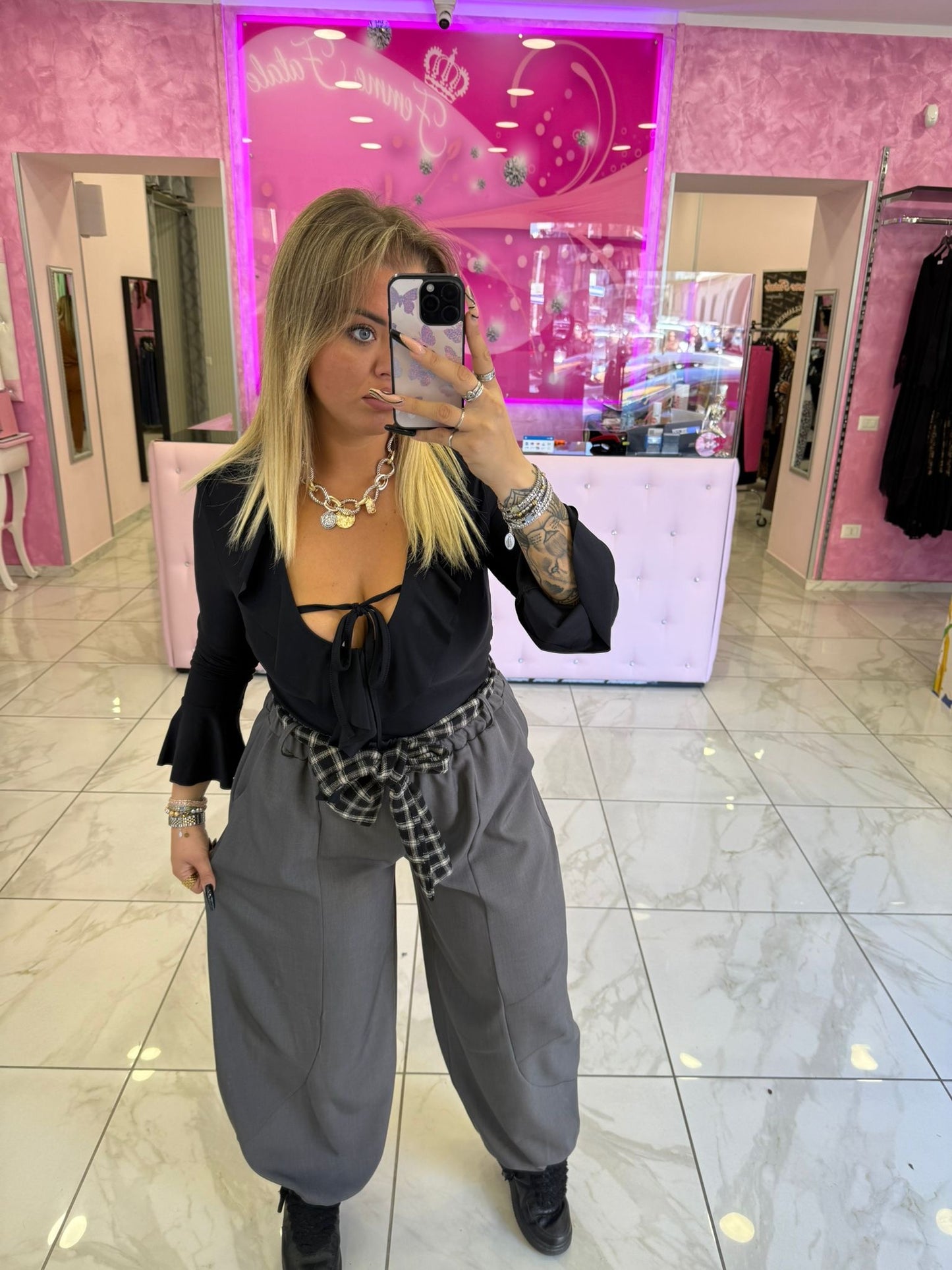 Pantaloni con cintura a quadri